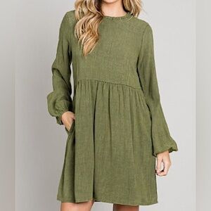 Heyson Size 1XL Green Washed Gauze Ruffled High Neck Long Sleeve Dress